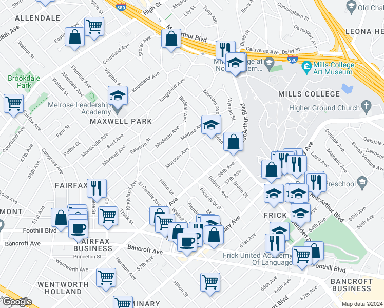 map of restaurants, bars, coffee shops, grocery stores, and more near 5402 Roberts Avenue in Oakland