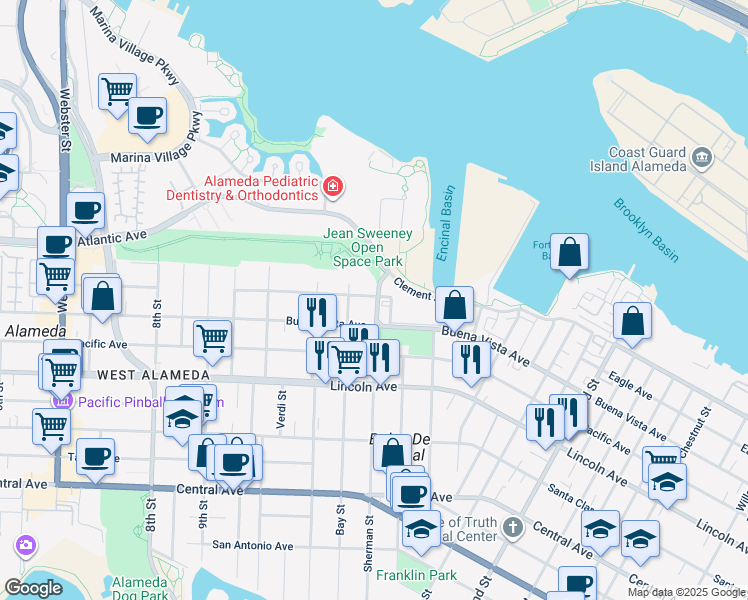 map of restaurants, bars, coffee shops, grocery stores, and more near 1817 Sherman Street in Alameda