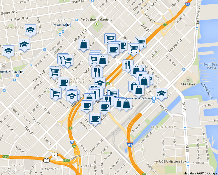 map of restaurants, bars, coffee shops, grocery stores, and more near 88 Merlin Street in San Francisco