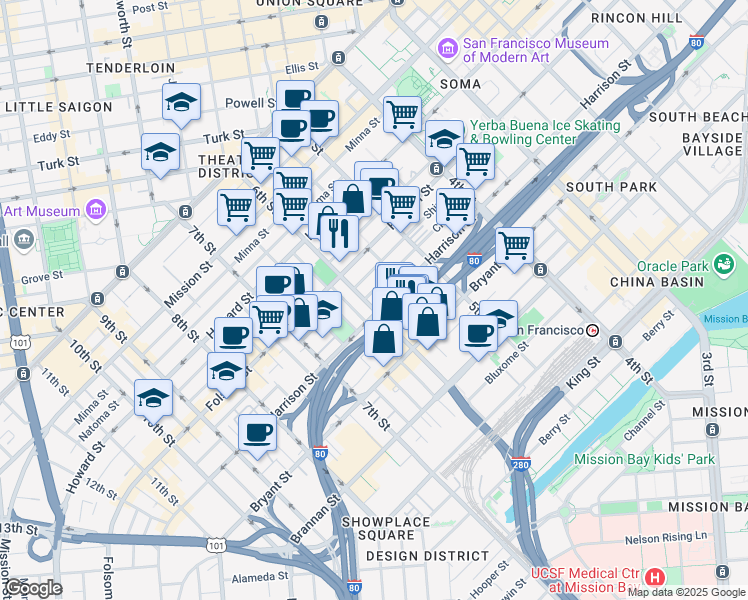map of restaurants, bars, coffee shops, grocery stores, and more near 1000 Harrison Street in San Francisco