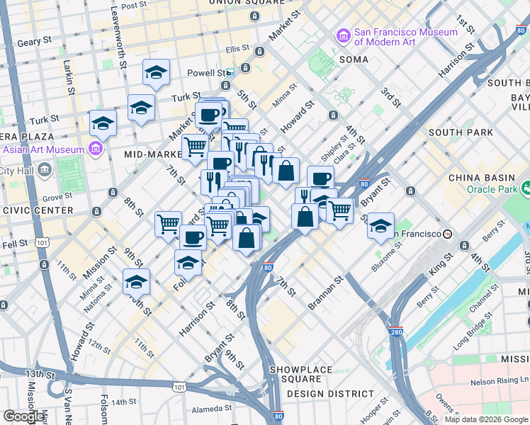 map of restaurants, bars, coffee shops, grocery stores, and more near 39 Columbia Square in San Francisco