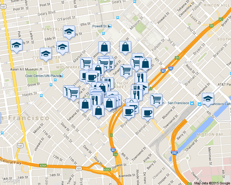 map of restaurants, bars, coffee shops, grocery stores, and more near 39 Columbia Square in San Francisco