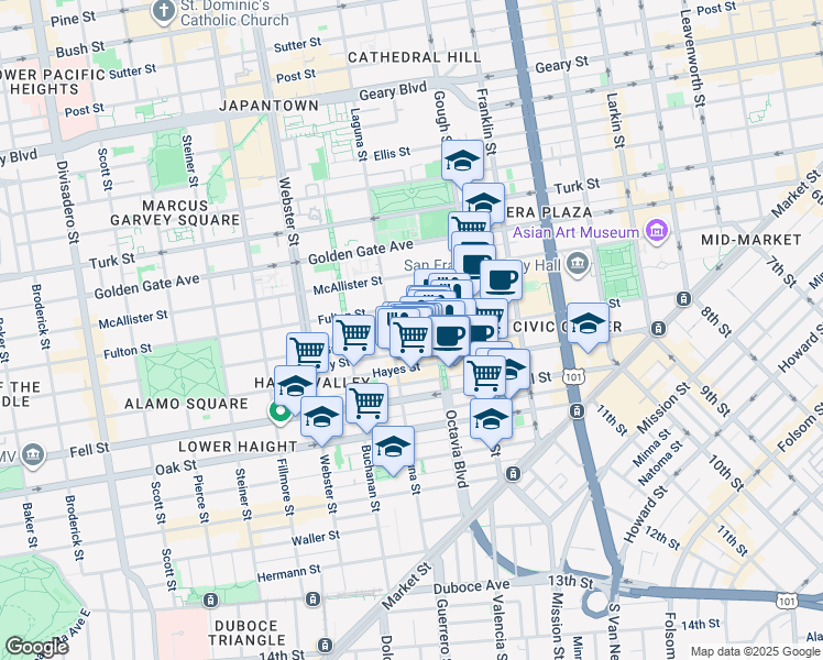 map of restaurants, bars, coffee shops, grocery stores, and more near 531 Grove Street in San Francisco