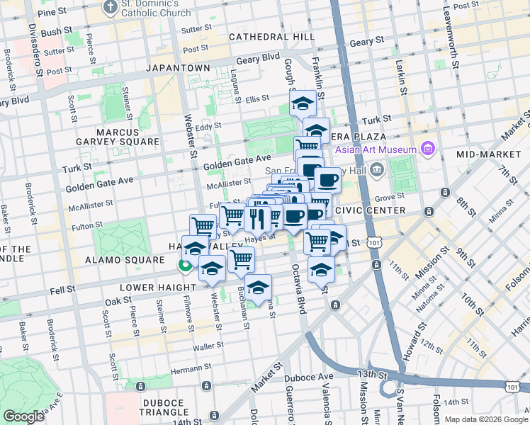 map of restaurants, bars, coffee shops, grocery stores, and more near 531 Grove Street in San Francisco