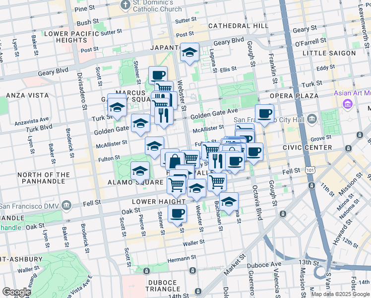 map of restaurants, bars, coffee shops, grocery stores, and more near 741 Webster Street in San Francisco