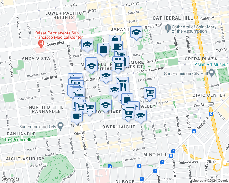map of restaurants, bars, coffee shops, grocery stores, and more near 898 Steiner Street in San Francisco