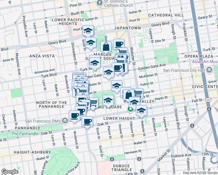map of restaurants, bars, coffee shops, grocery stores, and more near 1082 Fulton Street in San Francisco
