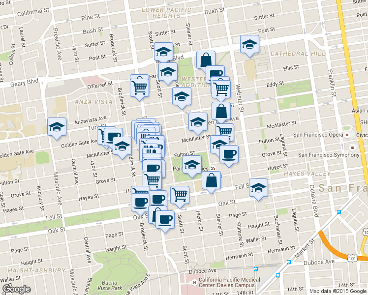 map of restaurants, bars, coffee shops, grocery stores, and more near 1160 Fulton Street in San Francisco