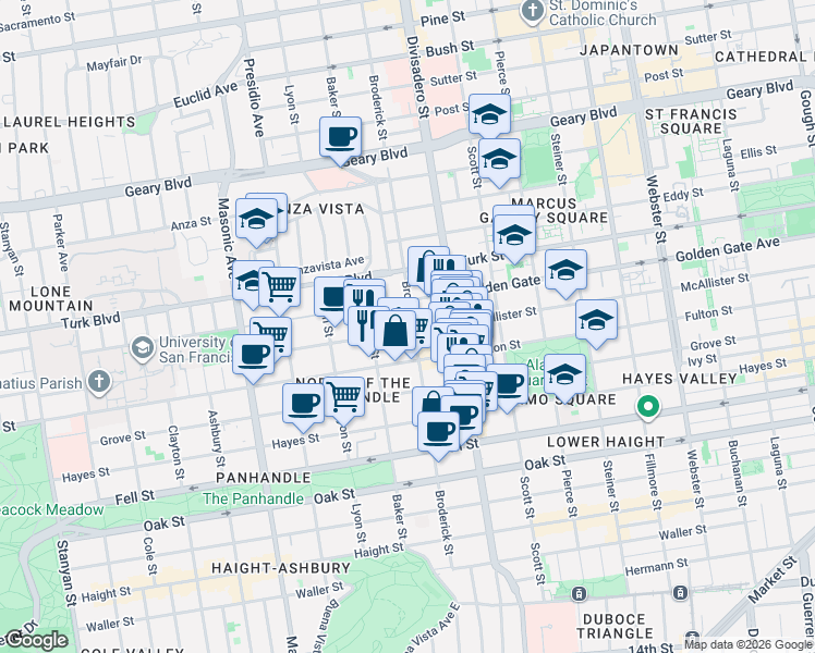 map of restaurants, bars, coffee shops, grocery stores, and more near 1711 McAllister Street in San Francisco