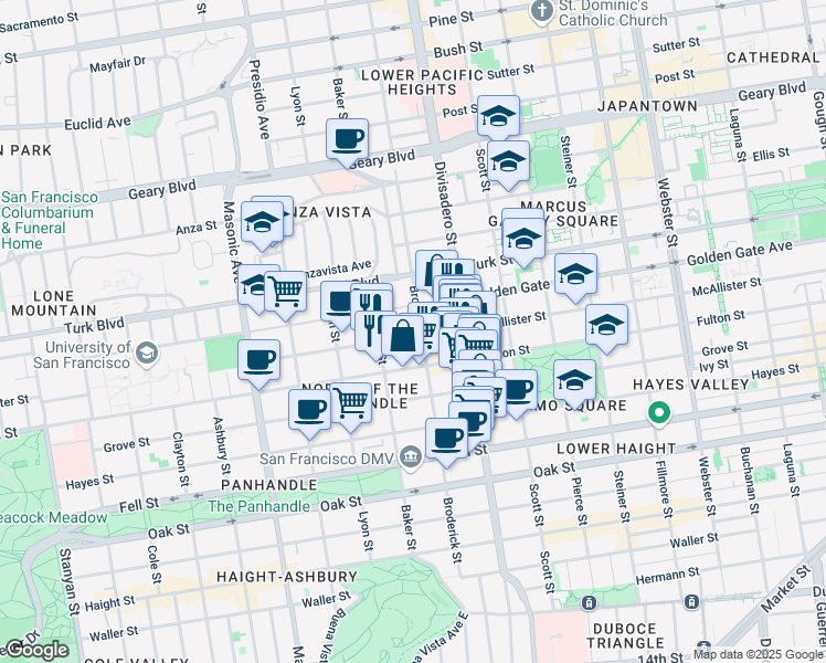 map of restaurants, bars, coffee shops, grocery stores, and more near 1711 McAllister Street in San Francisco