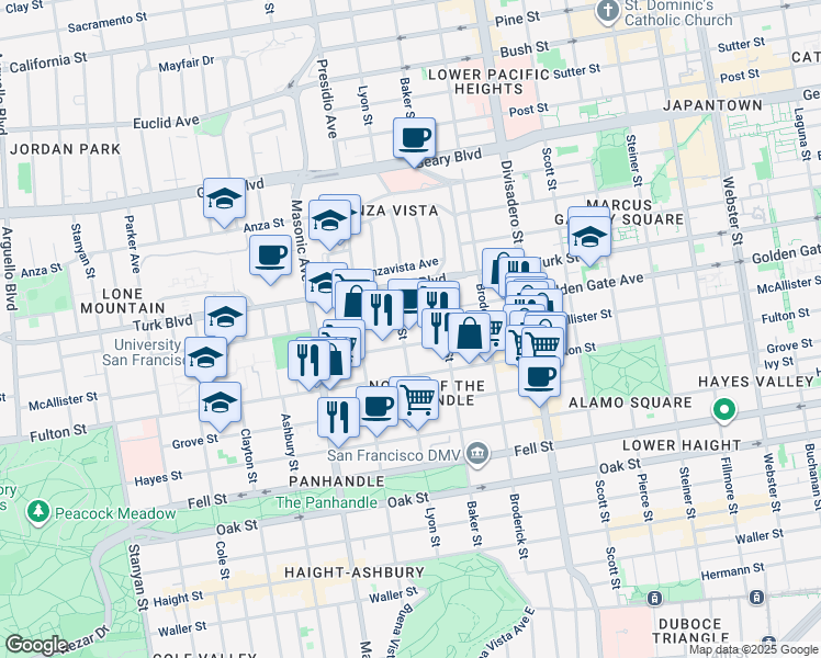 map of restaurants, bars, coffee shops, grocery stores, and more near 711 Lyon Street in San Francisco