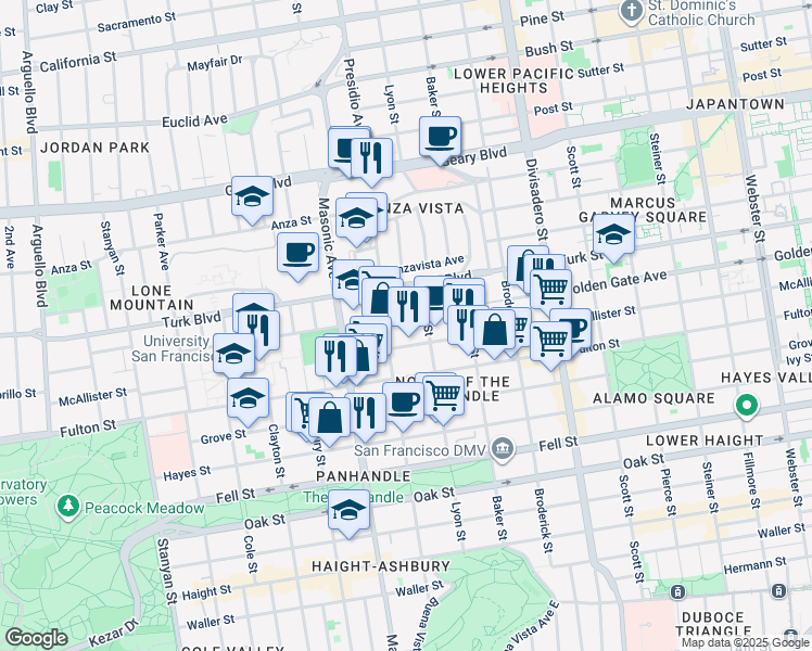 map of restaurants, bars, coffee shops, grocery stores, and more near 836 Central Avenue in San Francisco