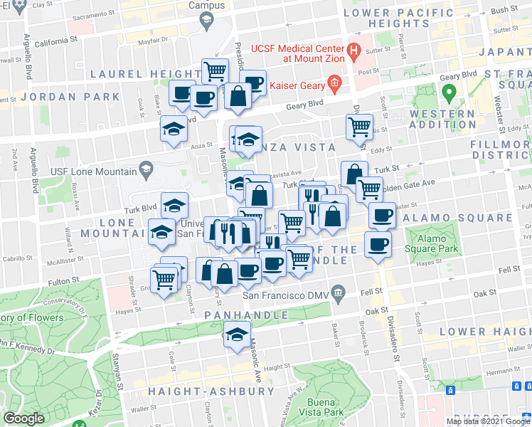 map of restaurants, bars, coffee shops, grocery stores, and more near 836 Central Avenue in San Francisco