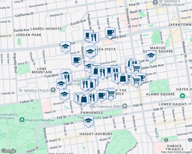 map of restaurants, bars, coffee shops, grocery stores, and more near 836 Central Avenue in San Francisco