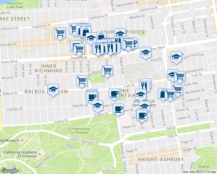 map of restaurants, bars, coffee shops, grocery stores, and more near 3001 Turk Boulevard in San Francisco