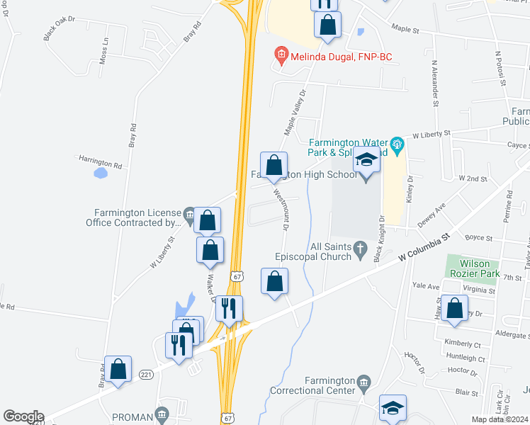 map of restaurants, bars, coffee shops, grocery stores, and more near 132 Westmount Drive in Farmington