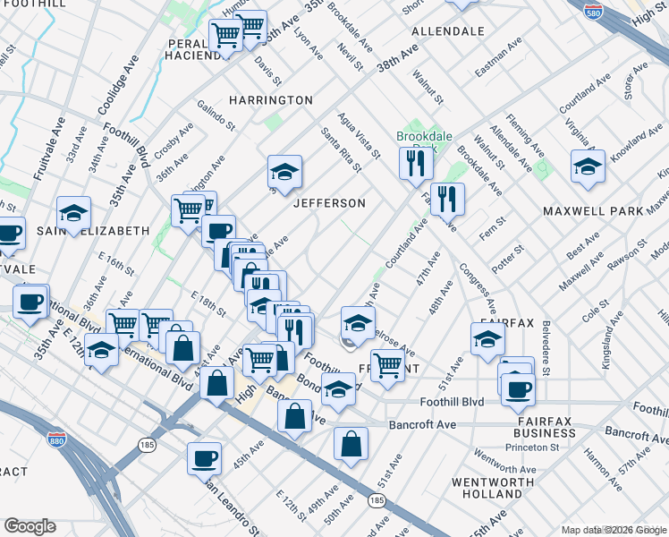 map of restaurants, bars, coffee shops, grocery stores, and more near 2122 42nd Avenue in Oakland