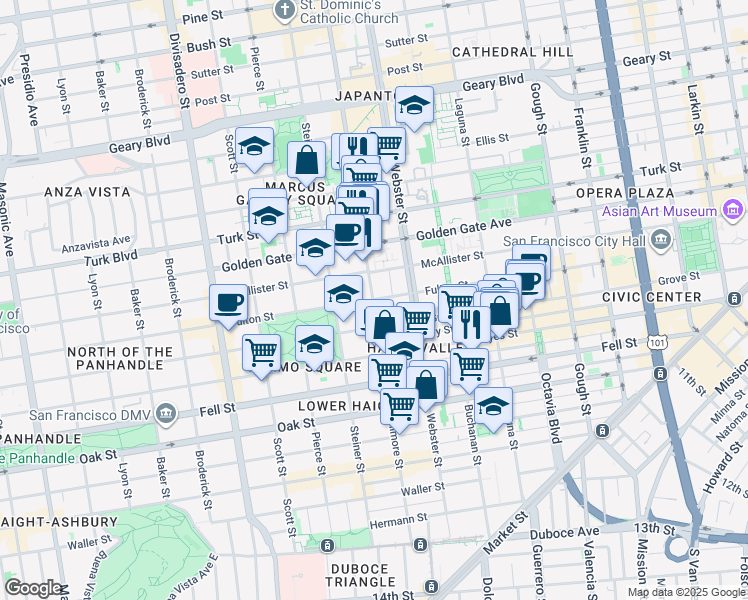 map of restaurants, bars, coffee shops, grocery stores, and more near Fulton St & Fillmore St in San Francisco