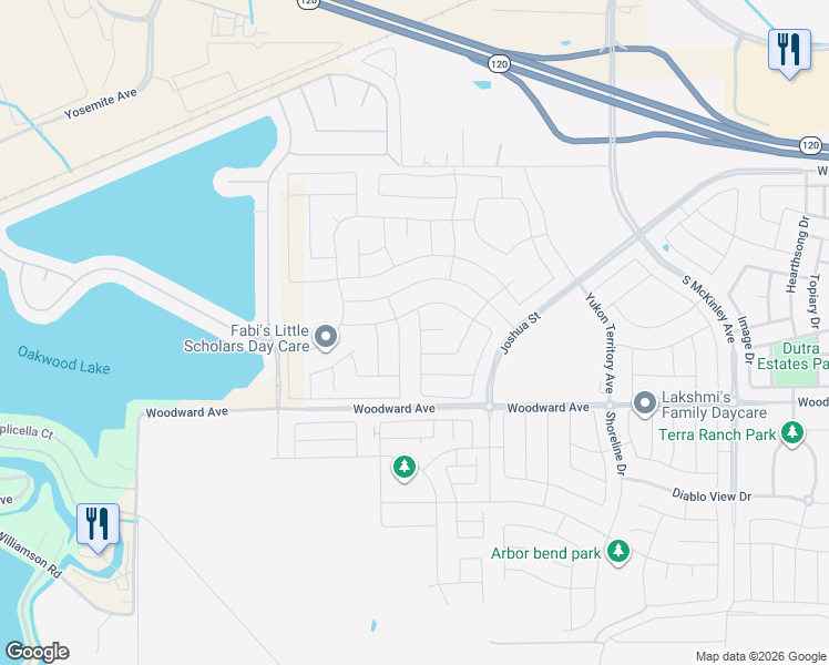 map of restaurants, bars, coffee shops, grocery stores, and more near 2401 East Woodward Avenue in Manteca