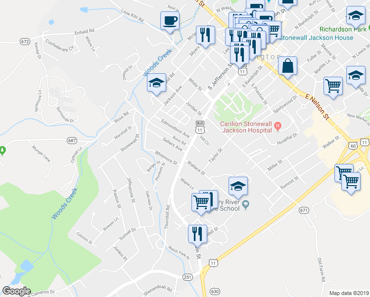 map of restaurants, bars, coffee shops, grocery stores, and more near 523 South Main Street in Lexington
