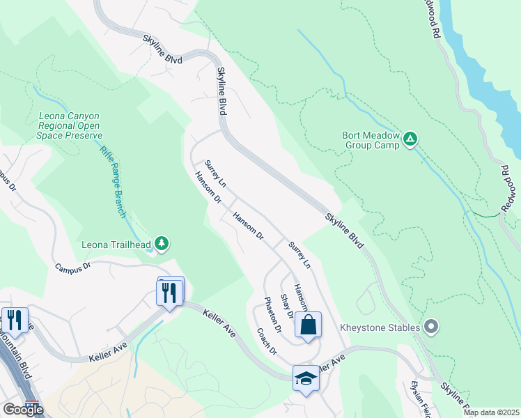 map of restaurants, bars, coffee shops, grocery stores, and more near 7796 Surrey Lane in Oakland