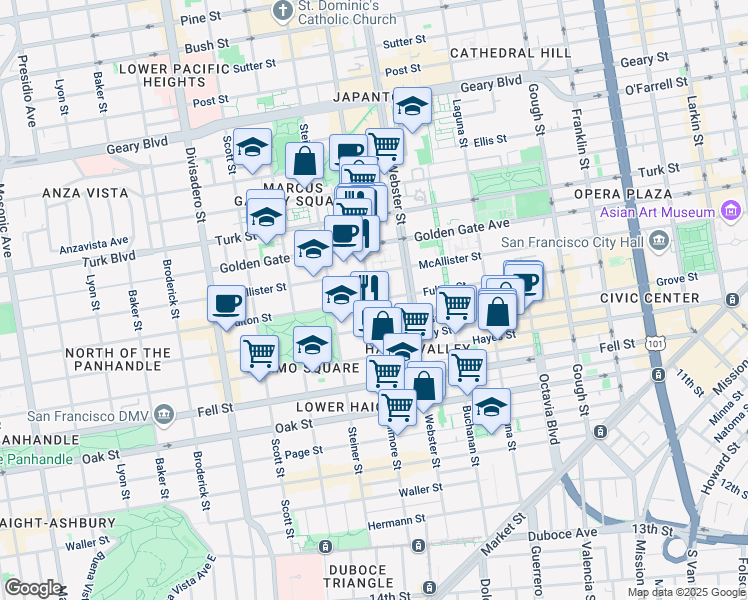 map of restaurants, bars, coffee shops, grocery stores, and more near 895 Fulton St in San Francisco