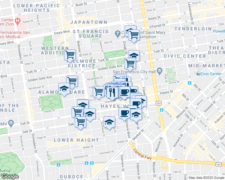 map of restaurants, bars, coffee shops, grocery stores, and more near 570 Grove Street in San Francisco