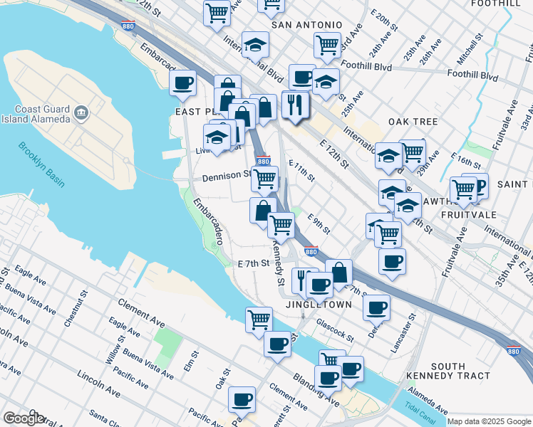 map of restaurants, bars, coffee shops, grocery stores, and more near 807 Kennedy Street in Oakland
