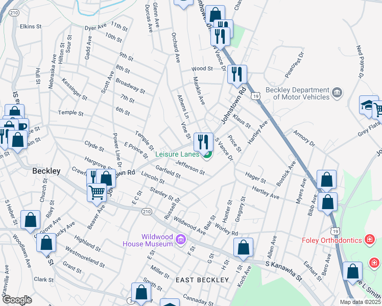 map of restaurants, bars, coffee shops, grocery stores, and more near 624 Johnstown Road in Beckley