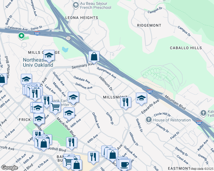 map of restaurants, bars, coffee shops, grocery stores, and more near 6391 Hillmont Drive in Oakland