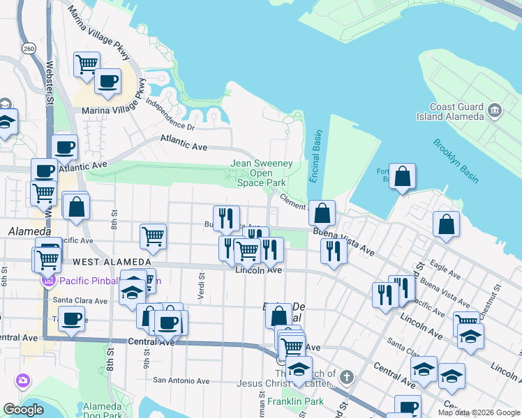 map of restaurants, bars, coffee shops, grocery stores, and more near 1218 Eagle Avenue in Alameda