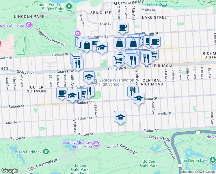 map of restaurants, bars, coffee shops, grocery stores, and more near 622 29th Avenue in San Francisco