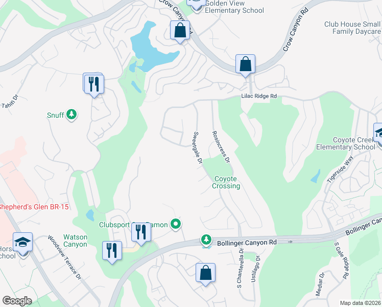 map of restaurants, bars, coffee shops, grocery stores, and more near 510 Danny Court in San Ramon