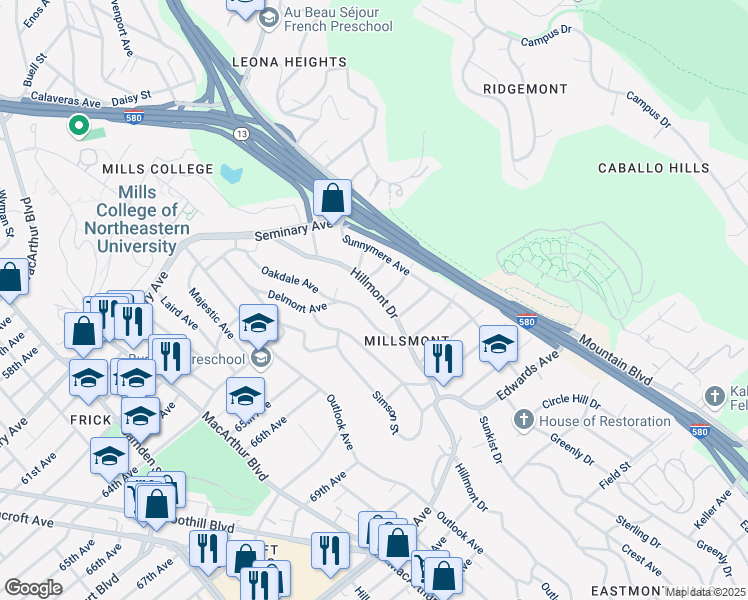 map of restaurants, bars, coffee shops, grocery stores, and more near 6383 Hillmont Drive in Oakland