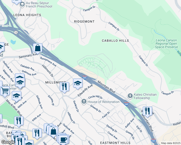 map of restaurants, bars, coffee shops, grocery stores, and more near 6012 Old Quarry Loop in Oakland