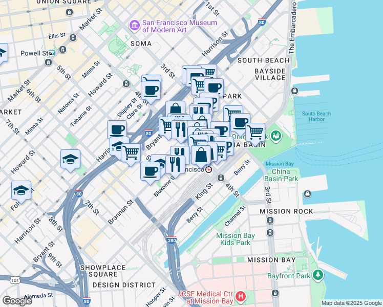 map of restaurants, bars, coffee shops, grocery stores, and more near 525 Brannan Street in San Francisco