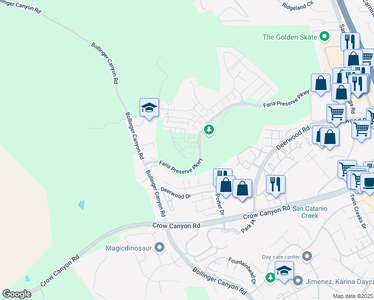 map of restaurants, bars, coffee shops, grocery stores, and more near 310 Hillcrest Court in San Ramon