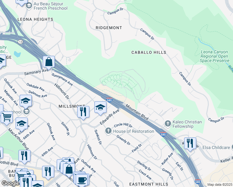 map of restaurants, bars, coffee shops, grocery stores, and more near 6022 Old Quarry Loop in Oakland