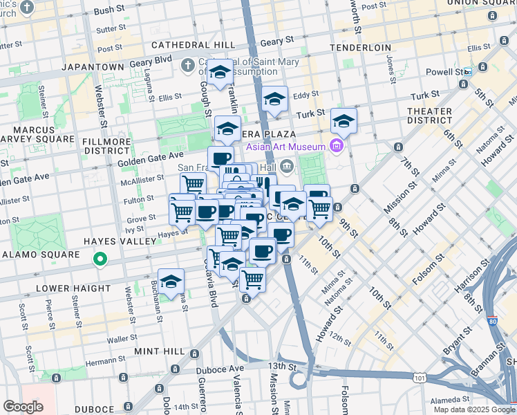 map of restaurants, bars, coffee shops, grocery stores, and more near 201 Van Ness Avenue in San Francisco