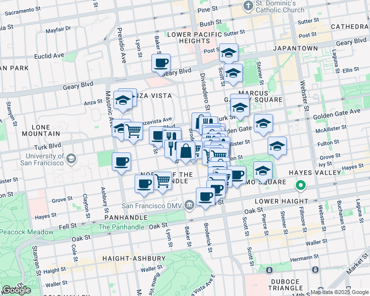 map of restaurants, bars, coffee shops, grocery stores, and more near 1750 McAllister Street in San Francisco