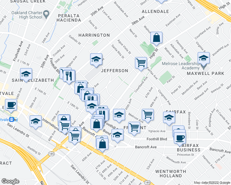 map of restaurants, bars, coffee shops, grocery stores, and more near 2122 42nd Avenue in Oakland