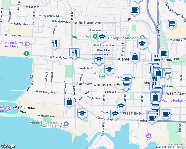 map of restaurants, bars, coffee shops, grocery stores, and more near 1820 3rd Street in Alameda