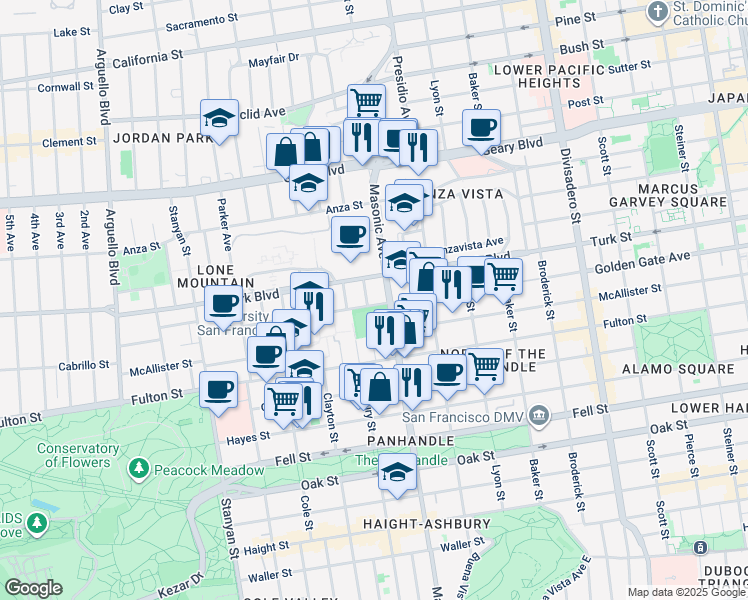 map of restaurants, bars, coffee shops, grocery stores, and more near 2240 Golden Gate Avenue in San Francisco