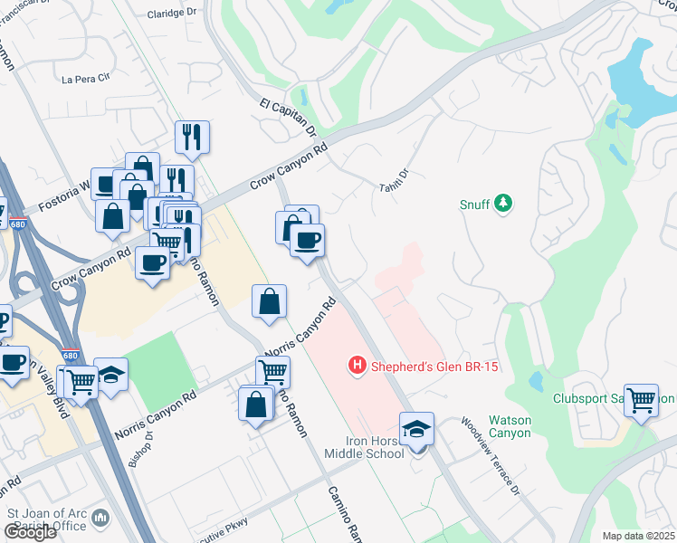 map of restaurants, bars, coffee shops, grocery stores, and more near 208 Norris Canyon Place in San Ramon
