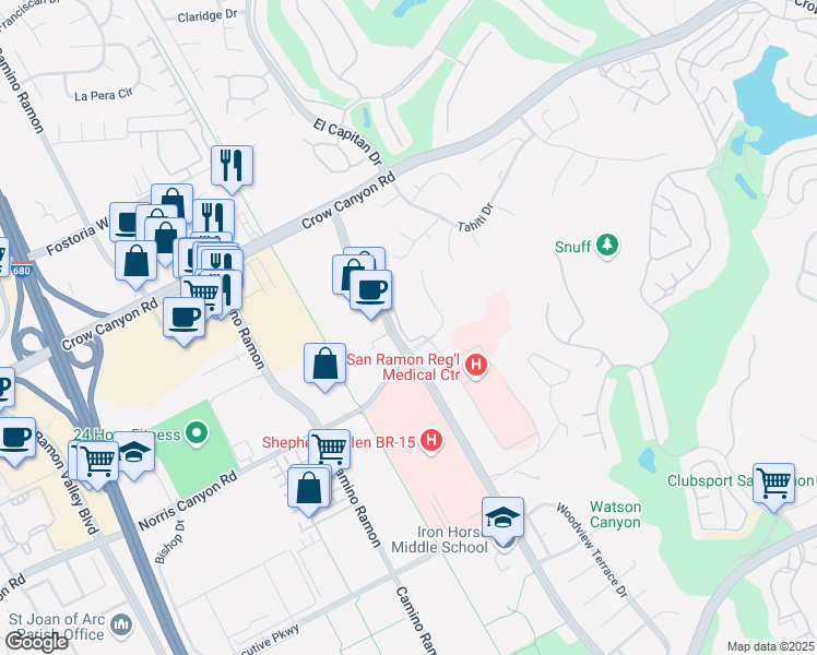 map of restaurants, bars, coffee shops, grocery stores, and more near 108 Norris Canyon Terrace in San Ramon