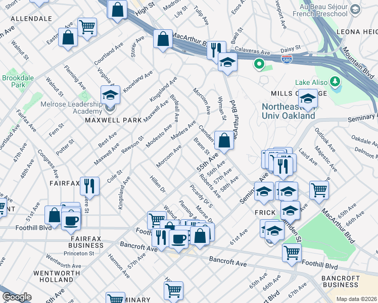map of restaurants, bars, coffee shops, grocery stores, and more near 5323 Normandie Avenue in Oakland