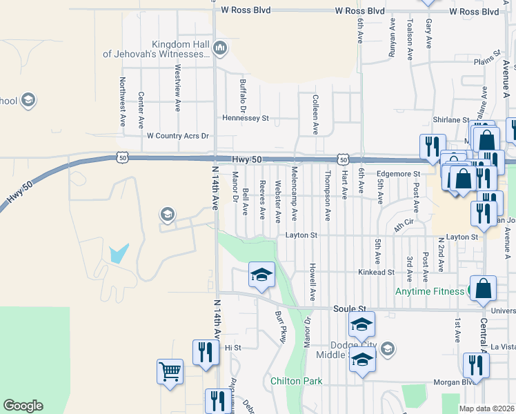 map of restaurants, bars, coffee shops, grocery stores, and more near 2419 Reeves Avenue in Dodge City