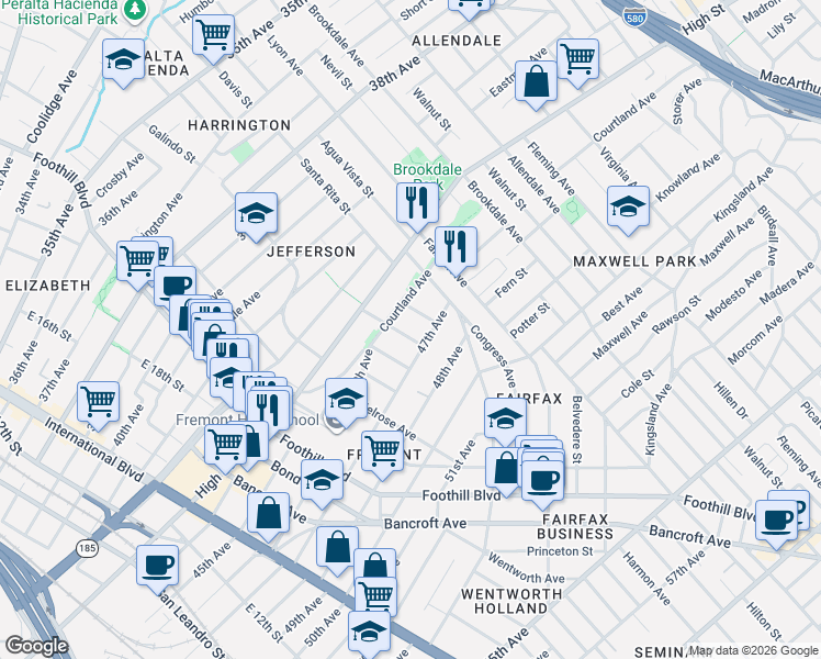 map of restaurants, bars, coffee shops, grocery stores, and more near 4533 San Carlos Avenue in Oakland