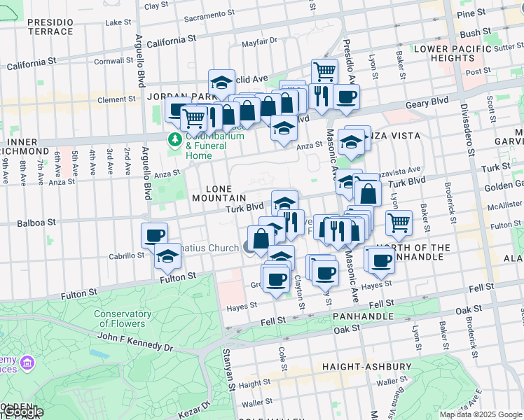 map of restaurants, bars, coffee shops, grocery stores, and more near 2801 Turk Street in San Francisco