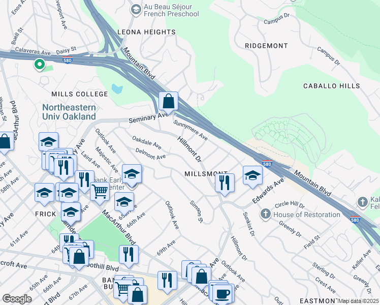 map of restaurants, bars, coffee shops, grocery stores, and more near 6383 Hillmont Drive in Oakland